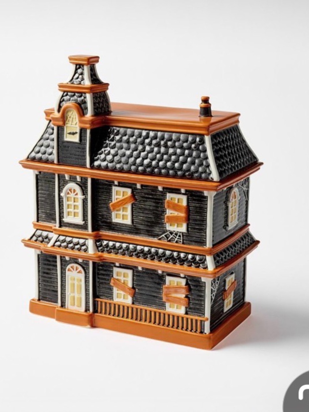 Pottery Barn Haunted House Lidded Stoneware Candy Bowl in Black and Orange